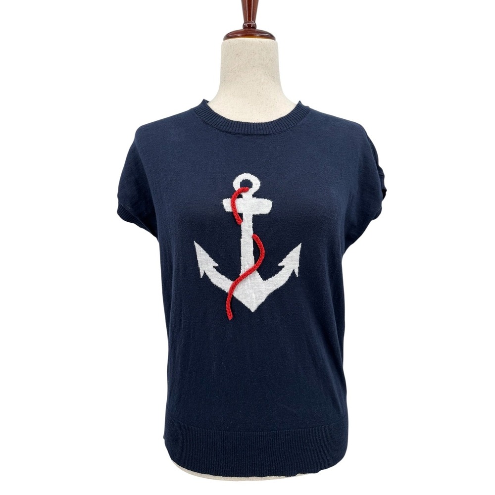 Ann Taylor LOFT Anchor Sweater Short Sleeve Lightweight Cotton Navy Women's XS